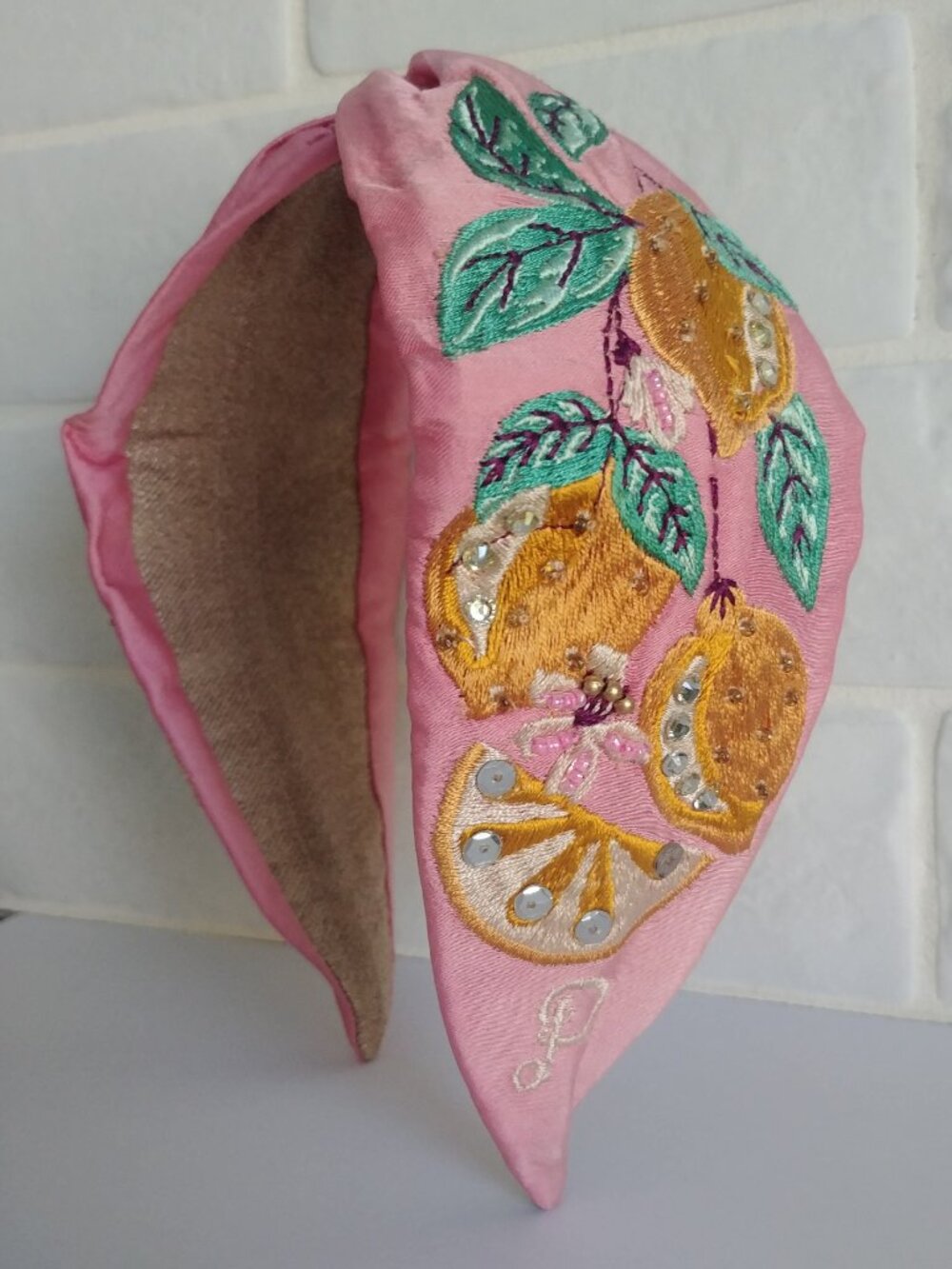 Powder modal wide pink embroidered headband green leaves yellow fruit sequins